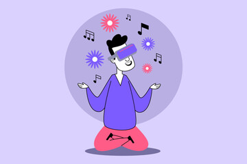 Person meditating in virtual reality while wearing headset, surrounded by colorful music notes and flowers, creating tranquil and immersive environment for relaxation