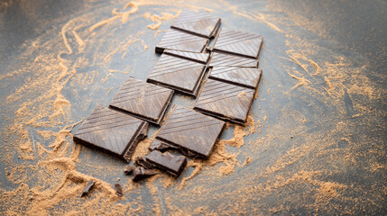 Chocolate bar cut in pieces with chocolate powder around