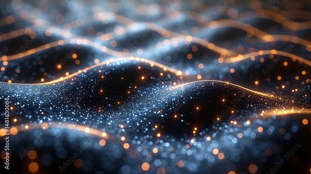 Poster abstract wave-like surface with glowing particles.