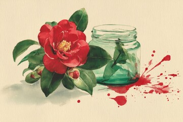 Still life depiction of a vibrant crimson flower and shattered glass jar.
