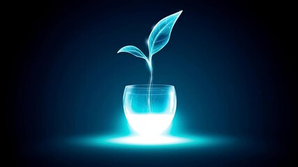 Glowing plant sprout with two leaves emerging from luminous glass of milk, symbolizing healthy growth and vitality futuristic blue setting, with digital leaf and glass elements glowing vibrant