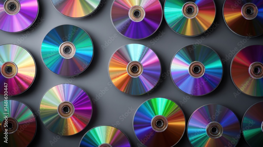 Aufkleber pattern of vintage compact discs arranged in tight grid, sharp reflections creating multicolored spe
