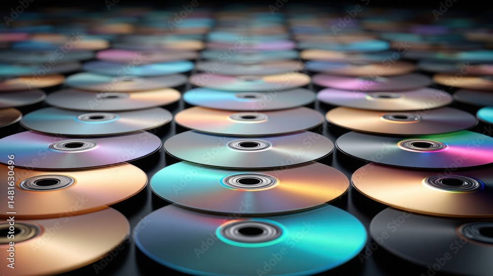Aufkleber pattern of vintage compact discs arranged in tight grid, sharp reflections creating multicolored spe