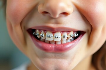 Obraz premium Smiling child's mouth with braces, healthy teeth , teeth alignment, oral hygiene, kid