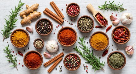 Assortment of spices and herbs in bowls on a white wooden surface