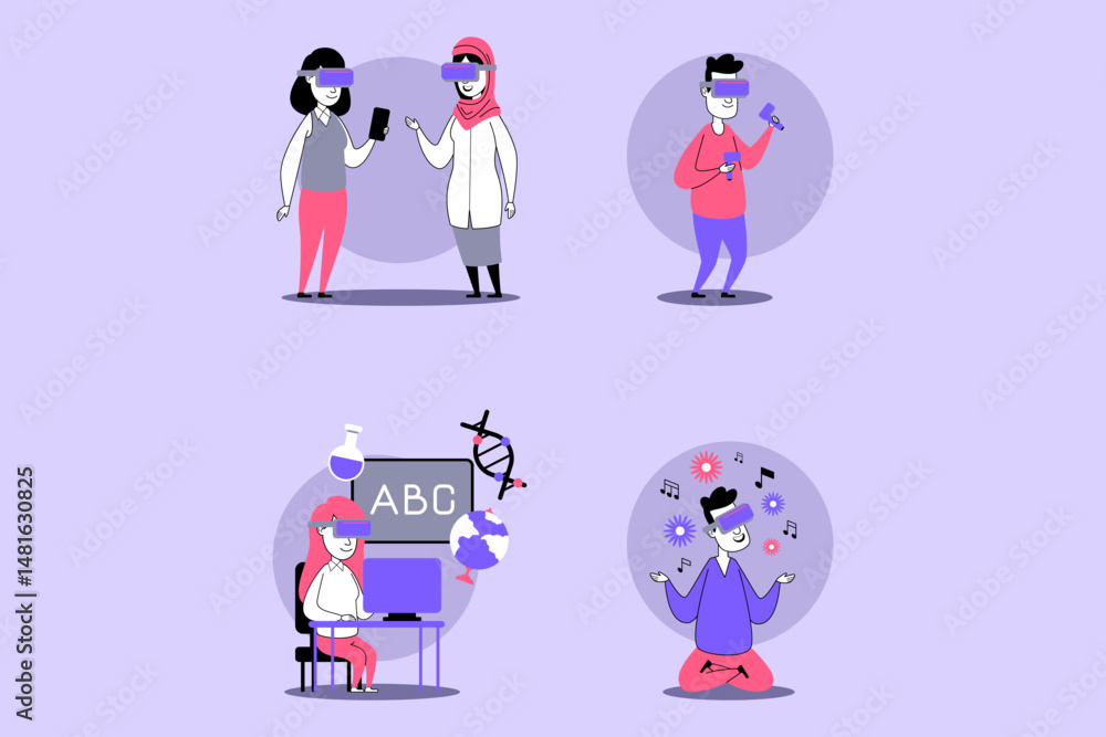 Poster group of people exploring virtual reality through various activities. some interacting with vr heads