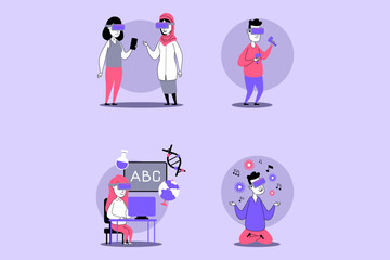 Fototapeta premium Group of people exploring virtual reality through various activities. Some interacting with VR headsets, while others learning and meditating, showcasing diverse applications of technology