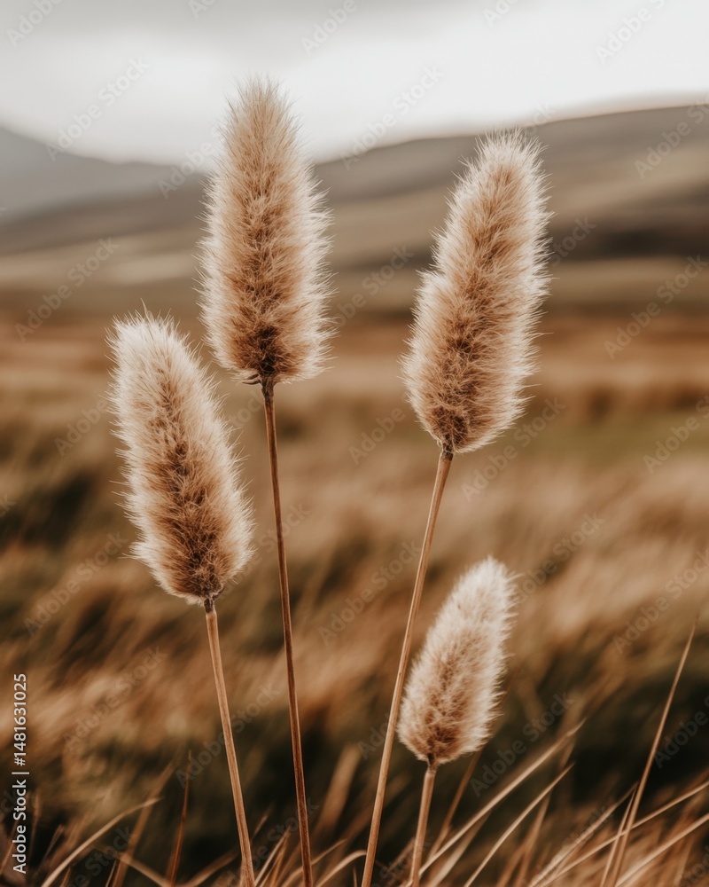 Poster close up of fluffy hare's tail grass in a field at golden hour in the countryside with soft light an