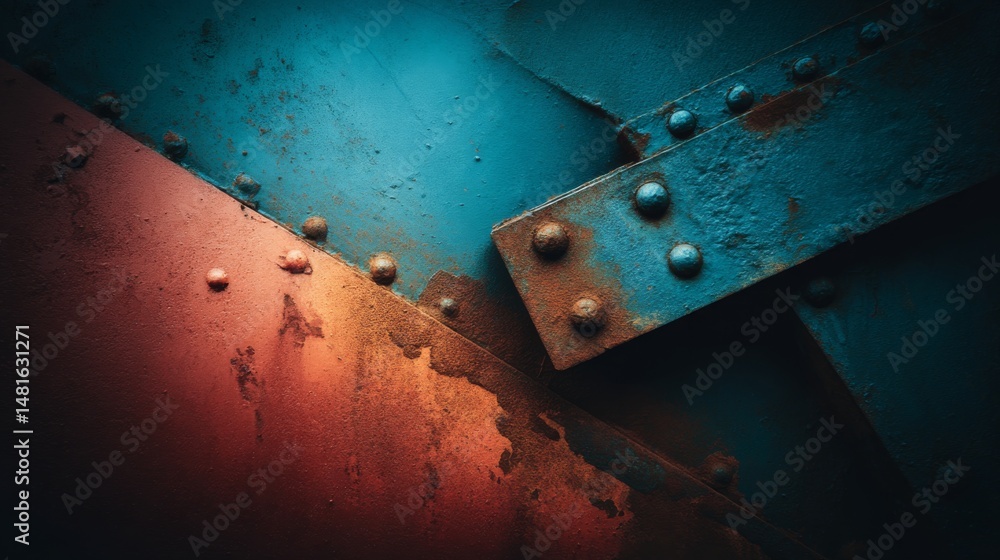 Poster close-up view of a scratched steel panel highlights its weathered texture and riveted seams, express