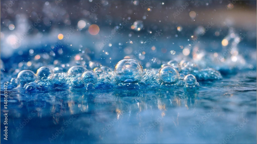 Fototapete macro shot captures sparkling water droplets on a glass surface, glimmering with soft light and evok