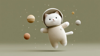 Astronaut Cat in Space: An adorable white cat, dressed in a beige astronaut suit, floats weightlessly amidst planets and stars against a muted green backdrop.