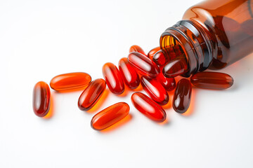 Vitamin capsules in a bottle, soft gels, Fish oil capsules, omega 3, omega 9, vitamin D, vitamin E