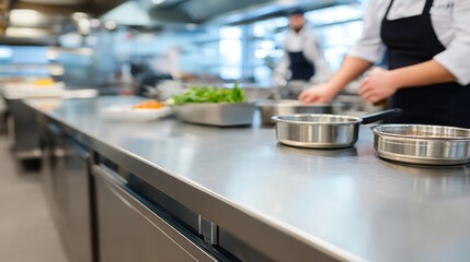 In a busy kitchen, a chef diligently scrubs pots while preparing for the next service, surrounded by stainless steel counters and vibrant food preparations