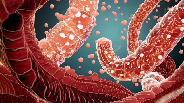 Intestinal parasite helminth worm infection disease microscopic medical biology anatomy closeup 3D render health science danger red organism background, intestinal parasite worm infection disease
