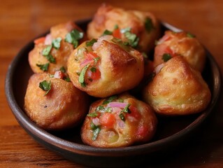 Close up of paniyaram being served in a bowl on a wooden table top in soft light studio shot