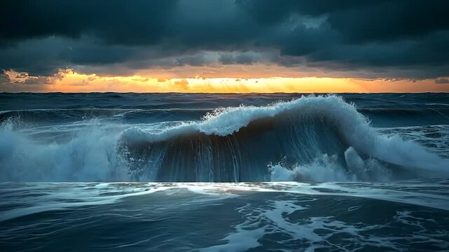Powerful waves at sunset beachscape