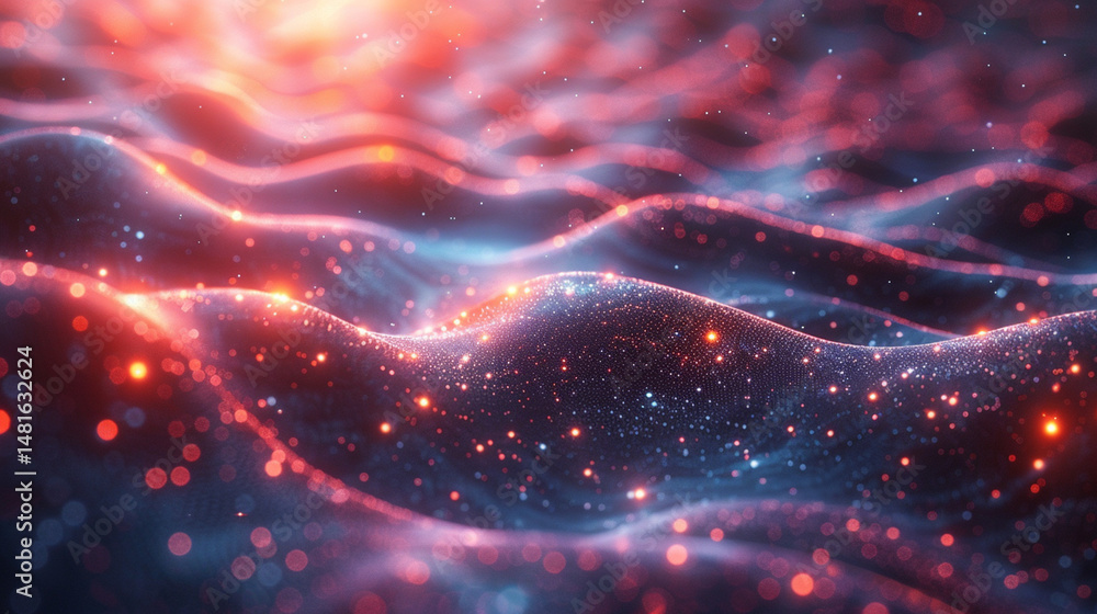 Poster abstract digital graphic design with glowing particles in wavy lines of warm and cool colors.