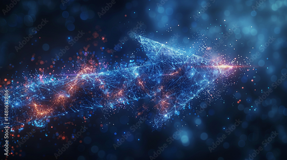 Poster abstract digital arrow moving forward through a network of glowing particles.