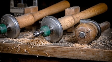 Wooden handles and metal tools on workbench