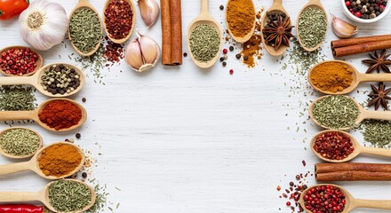 Assortment of various spices arranged on a rustic white wooden surface