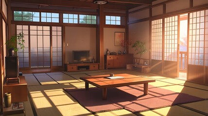 3D rendering of a cozy traditional Japanese living room in anime style, warm lighting, tatami mats