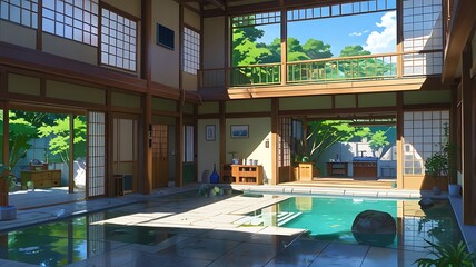 3D rendering of a modern anime-style house, sunset lighting, urban street background, clean minimal lines
