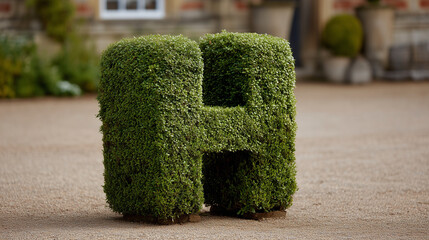 "Letter 'H' Topiary: A precisely sculpted topiary, shaped into the letter 'H', stands out against a blurred backdrop of a stately building and landscaped surroundings.