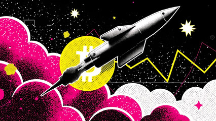 Stylized rocket launching through colorful clouds and stars, with a dynamic stock market graph in a vibrant pop art style.