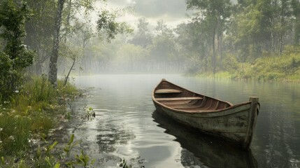 Misty, tranquil river scene with a wooden canoe.