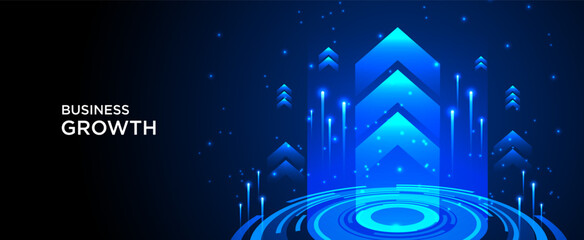 Dark blue background with technology growth arrows with neon light effects and futuristic rings