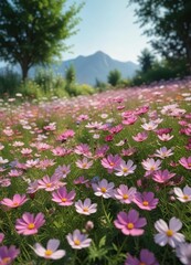 Panoramic view of a garden filled with vibrant Cosmos flowers swaying gently in the breeze , springtime gardens , natural beauty