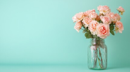 Roses in mason jar on light blue background studio shot still life floral arrangement bouquet blossom bloom romantic
