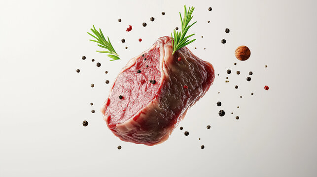 Juicy grilled steak with rosemary floating on white background