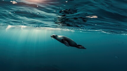 Obraz premium Seal swimming underwater, sunbeams