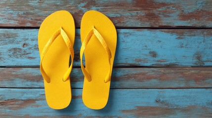Bright yellow flip-flops on weathered blue wood
