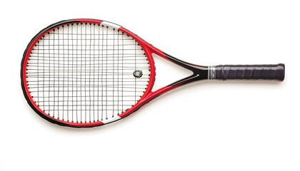 Red and black tennis racket against white background.