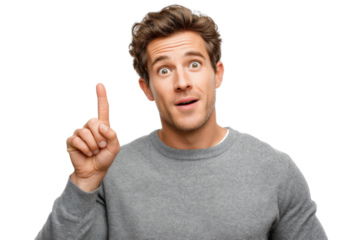 Eureka Moment: Man with a great idea,  A young man looks surprised and points his index finger upward, signifying a sudden realization or inspiration.