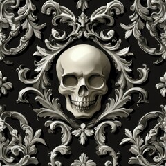 Skull framed by baroque ornamentation on black background close up shot; gothic style, decorative design, ornate pattern, intricate detail, luxurious aesthetic