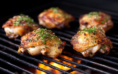 Chicken thighs grilling on barbecue
