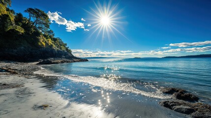 Serene Beachscape: Sun-Kissed Shore and Azure Waters