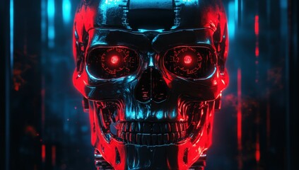 Metallic robot skull with glowing red eyes