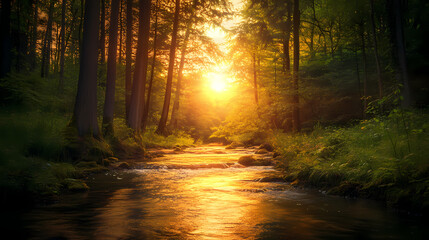 Fototapeta premium Serene sunset over a forest stream landscape. [Skyroot Canopy] | Cloudleaf Arch | sky bough. Illustration