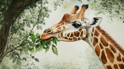 Obraz premium Watercolor Giraffe Portrait Munching on Lush Green Foliage Amongst the Trees