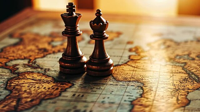 Strategic moves: Chess pieces stand guard over world map, political strategy