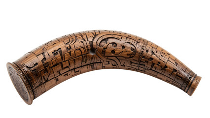 Antique Andorran shepherd horn carved from Pyrenean wood isolated on white background unique alpine pastoral tool