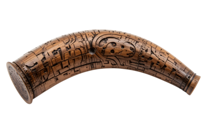 Antique Andorran shepherd horn carved from Pyrenean wood isolated on white background unique alpine pastoral tool