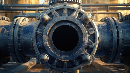 Industrial pipe connection.  Detailed view of a large, ornate, rusty metal pipe joint