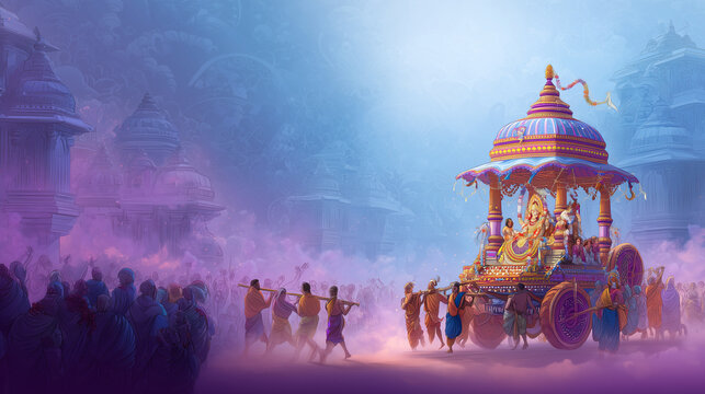 Rath Yatra, huge chariot of god with beautiful idol of god on it surrounded by devotees carrying it with great respect