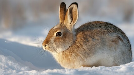 Obraz premium Snow Hare in Winter Landscape: A stunning snow hare, perfectly camouflaged, sits calmly within a crisp, snow-covered winter landscape, its fur mirroring the surrounding beauty of nature.