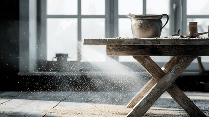 Wooden table workshop, dust motes